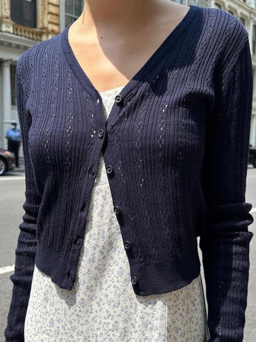 Brandy Melville Women's Navy Blue Pointelle Cardigan
